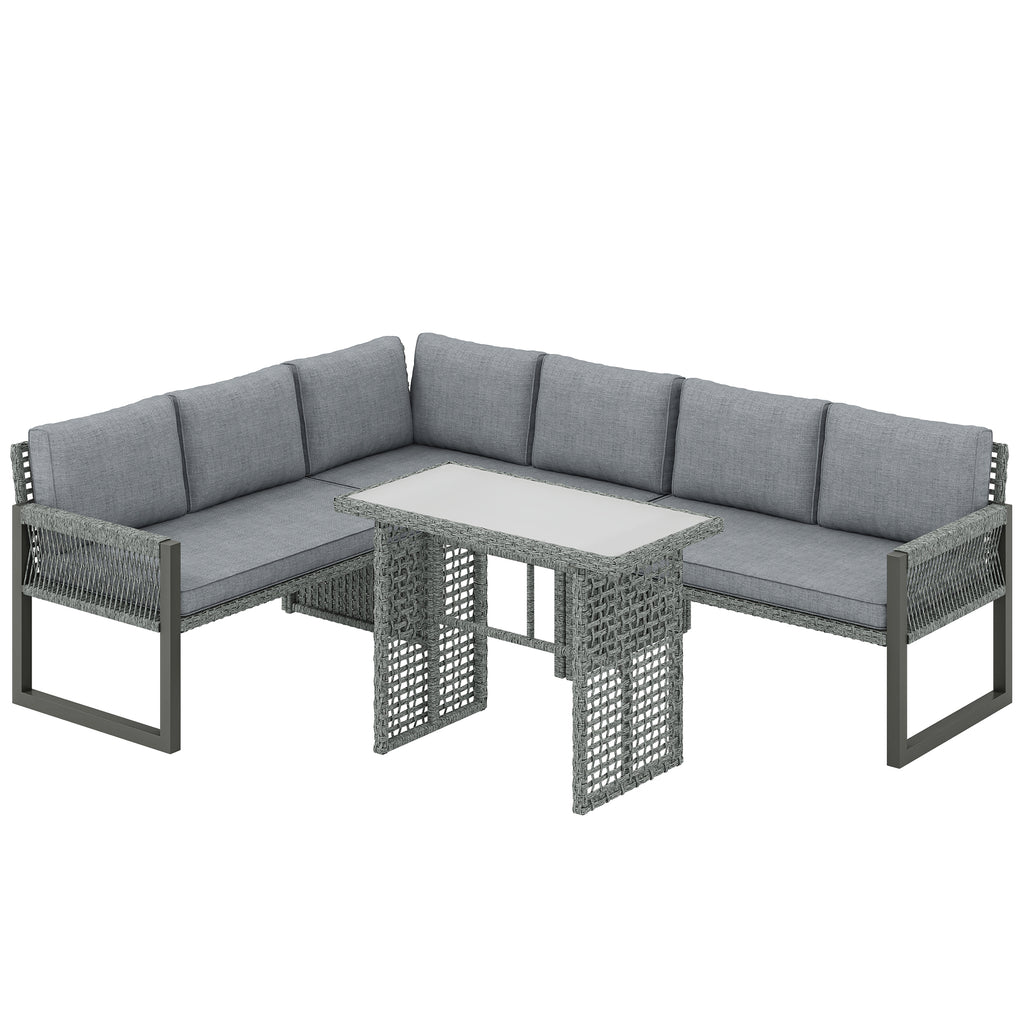 Outsunny 6 Seater Rattan Garden Furniture Set with 3 Loveseats, Table, Patio Rattan Corner Sofa Set, Grey