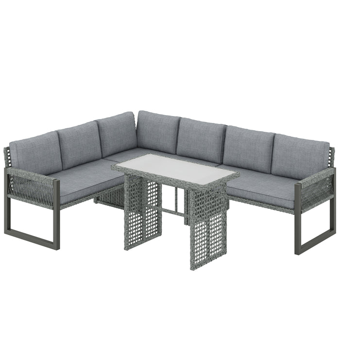 Outsunny 6 Seater Rattan Garden Furniture Set with 3 Loveseats, Table, Patio Rattan Corner Sofa Set, Grey