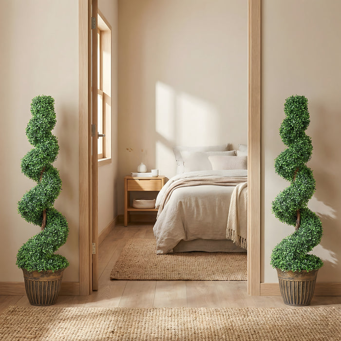 HOMCOM Set of 2 Artificial Plants, Topiary Spiral Boxwood Trees with Pot, for Home Indoor Outdoor Decor, 120cm