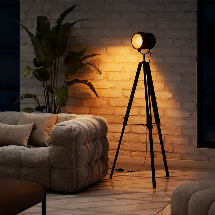 HOMCOM Industrial Tripod Floor Lamp, Nautical Searchlight with Adjustable Height, Wood Legs, E14 Lamp Base for Living Room, Bedroom, Black