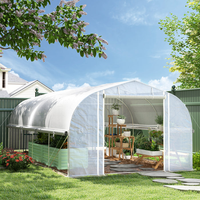 Outsunny 6 x 3 x 2m Walk-in Polytunnel Greenhouse, Zipped Roll Up Sidewalls, Mesh Door, 8 Mesh Windows, Tunnel Warm House Tent with PE Cover, Complimentary Plant Labels and Gloves, White
