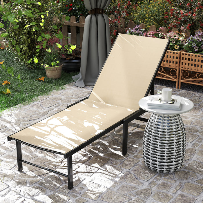 Outsunny Sun Lounger for Garden, 5-Level Adjustable Reclining Sun Lounger Chair, Flat Garden Lounger Sunbed with Texteline Seat, Steel Frame for Patio, Beach, Khaki