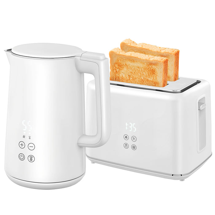 HOMCOM Kettle and Toaster Set, 1.5L 3000W Fast Boil Kettle with Insulation & 2 Slice Toaster Kitchen Set with 7 Level Browning Controls, Defrost, Reheat and Crumb Tray, Cream White
