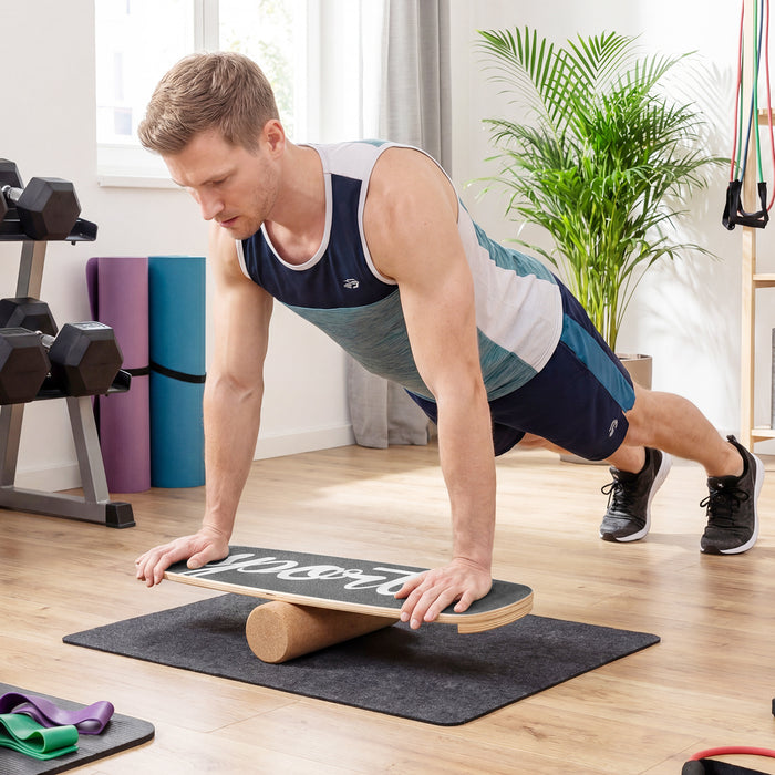 Wooden Balance Board Trainer with Cork Roller Stoppers Felt Mat-