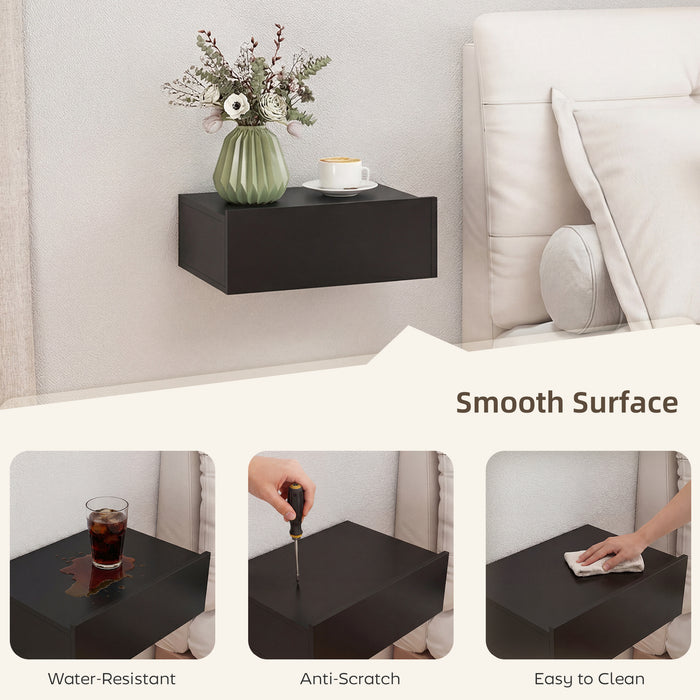HOMCOM Floating Bedside Table Set of 2, Wall-Mounted Nightstand with Storage Drawer, Small Side End Table for Bedroom, Black