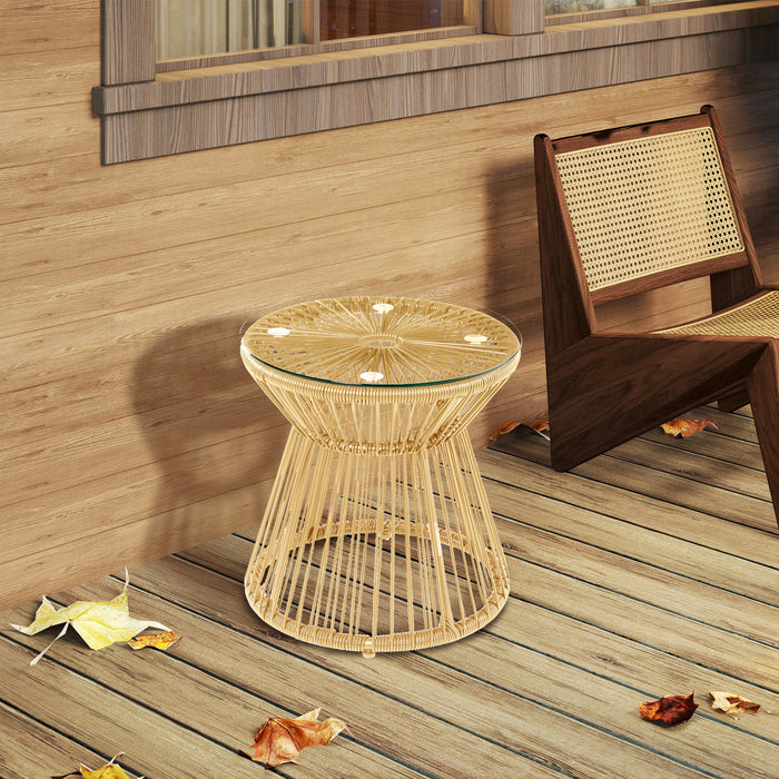 Outsunny Round End Table, Rattan Side Table, Hollow Drum Design Coffee Table w/ Glass Tabletop for Patio, Garden, Balcony Natural
