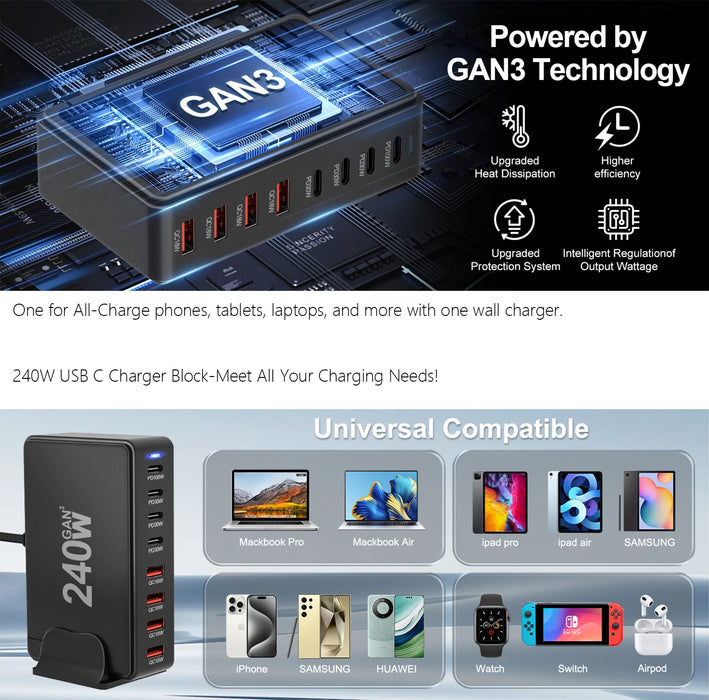 240W 6‑Port GaN PD Charger — 4 Type‑C & 2 USB‑A, Travel USB Tower for iPhone, iPad & MacBook