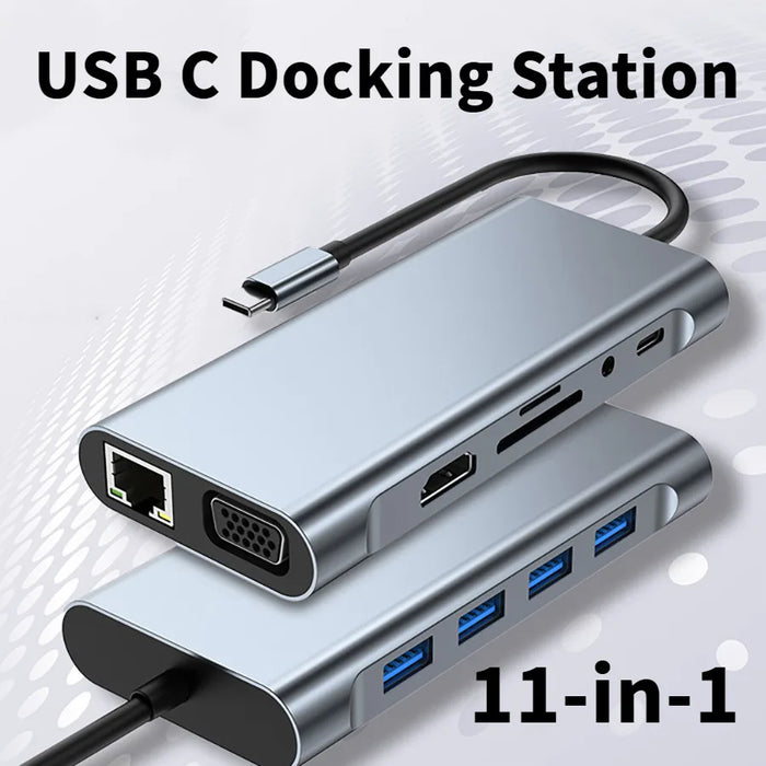 USB‑C 11‑in‑1 Docking Station — 4K HDMI, VGA, 100W PD, 100Mbps Ethernet, SD/TF & Audio for MacBook