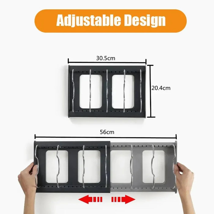 Expandable Stainless-Steel Pot & Pan Rack with 7 Dividers – Pull-Out Cabinet & Countertop Organiser