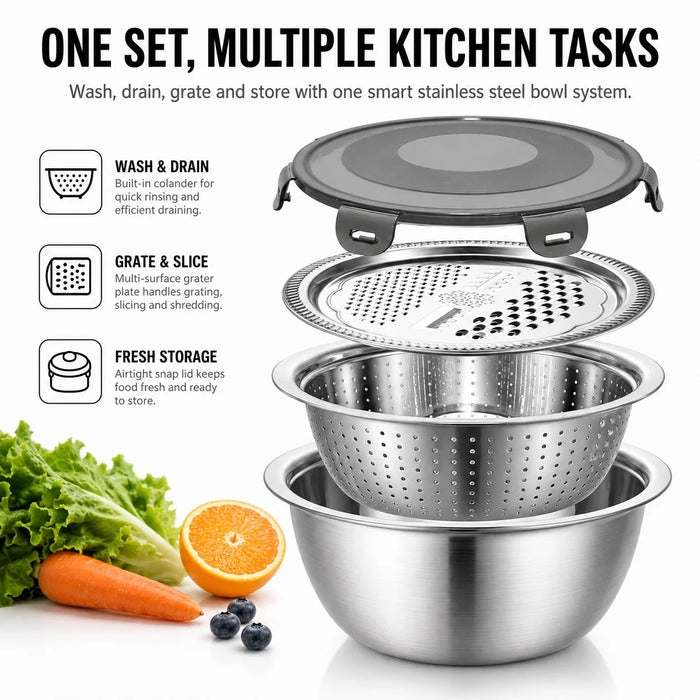 4-in-1 Stainless Steel Mixing Bowl Set – Grater Lid, Colander & Airtight Cover (Stovetop Safe)