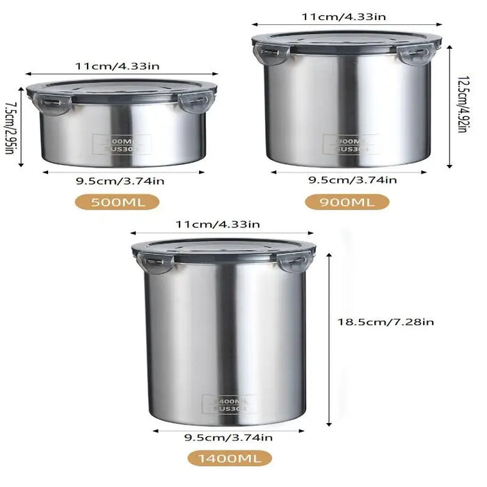 Stainless Steel Airtight Food Storage Jar — 500ml / 900ml / 1400ml, Sealed Canister with Locking Clamp