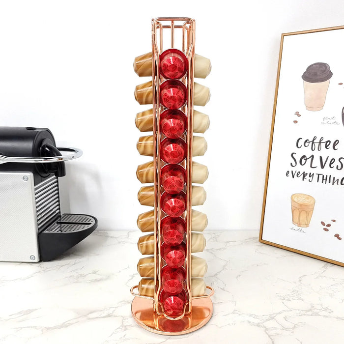 40‑Pod Rotating Coffee Capsule Holder — Metal Stand for Nespresso, Vertuo & Dolce Gusto (Black / Silver / Rose Gold)