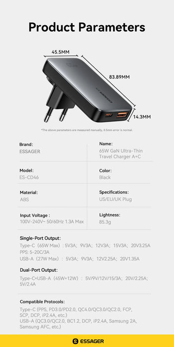 Essager Ultra Thin 65W GaN Travel Charger Quick Charge 4.0 PD3.0 PPS Portable Type C Charger For iPhone Samsung Macbook Laptop