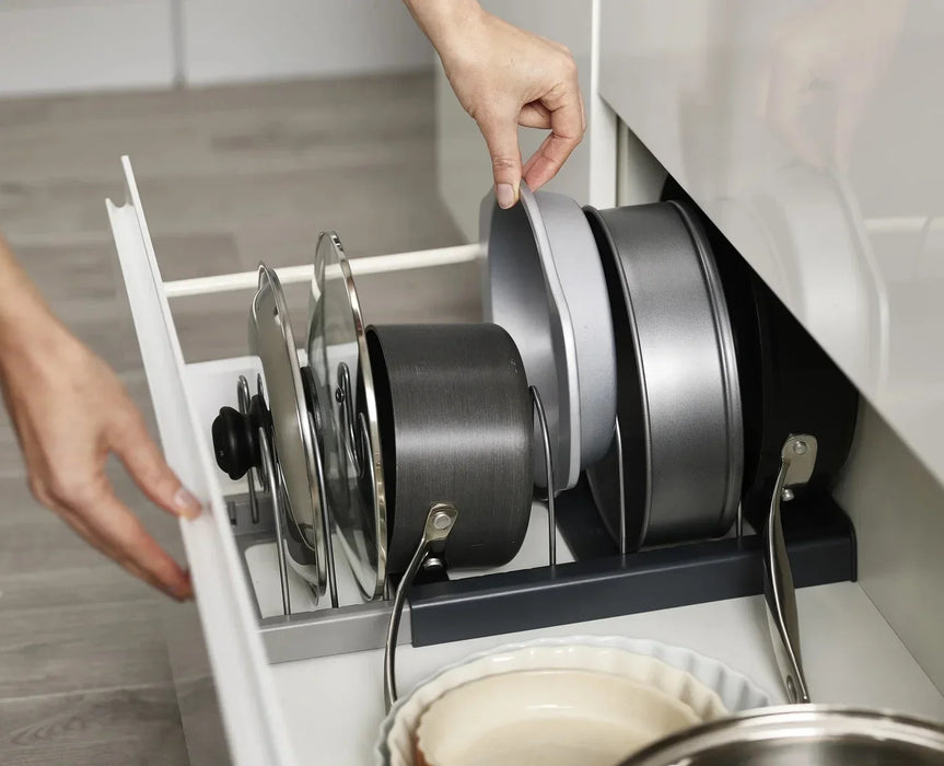 Expandable Pots & Pans Storage Rack for Cabinets — 6 Adjustable Shelves, Pot & Lid Holder