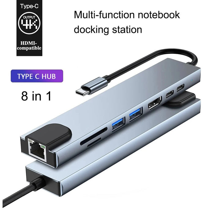 USB‑C 8‑in‑1 Hub — HDMI 4K@30Hz, 100W PD, RJ45 100Mbps, Dual SD/TF, USB 3.0