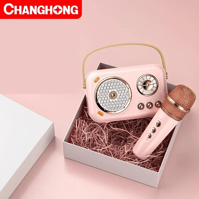 Changhong Family Karaoke Machine - Double Microphone & Retro Portable Speaker with Bluetooth Connection - Ideal for Party Entertainment