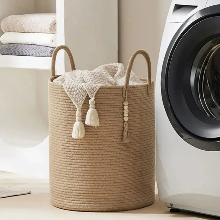 Large Tall Woven Storage Basket – Foldable Cotton Rope Laundry Hamper