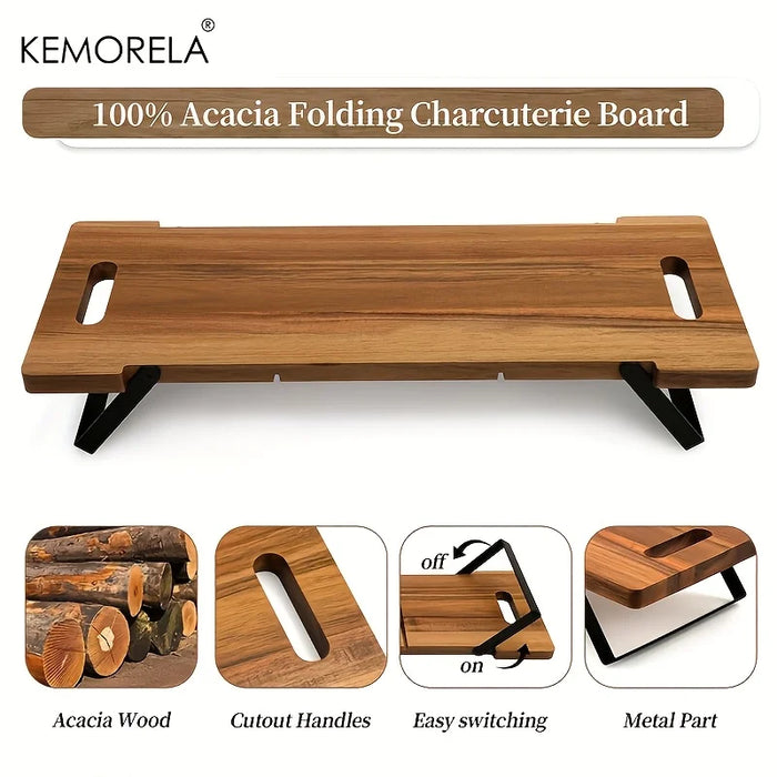 Acacia Wood Charcuterie Board with Handles & Folding Legs — Rectangular Serving Tray