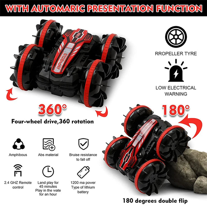 RC Multi Terrain Stunt Car - Amphibious Vehicle with Double-Sided Flip, Drifting & Radio Control Options - AmazeFun Ideal Outdoor Toy for Boys and Perfect Children's Gift