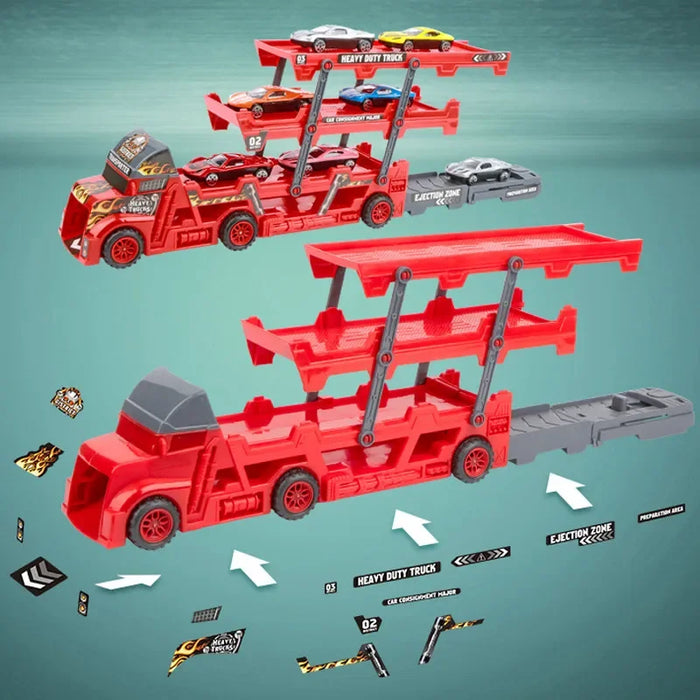 7Pcs Car Model Set - Transport Car Large Truck Vehicles, Trailer, Three-Layer Folding, Ejection Railcar & Catapult Rail Toys - Ideal Playset for Boys