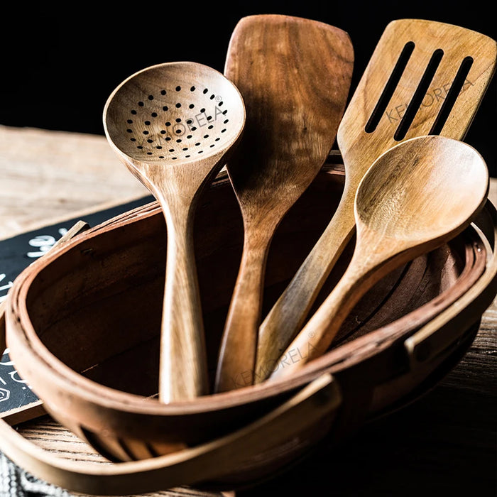 9-Piece Teak Wooden Kitchen Utensil Set with Holder
