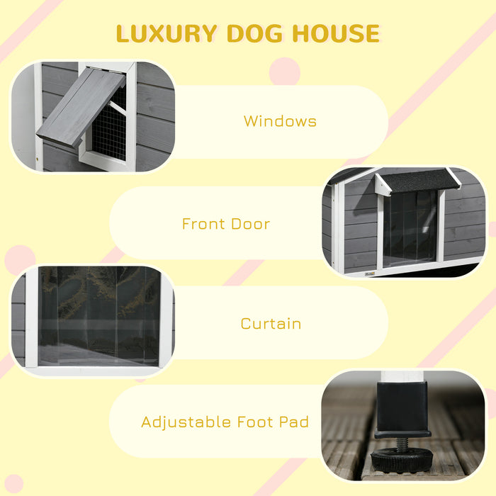 PawHut Large Wooden Dog Kennel with Openable Top, Asphalt Roof, Windows, Curtain, Removable Tray, Adjustable Legs, Grey