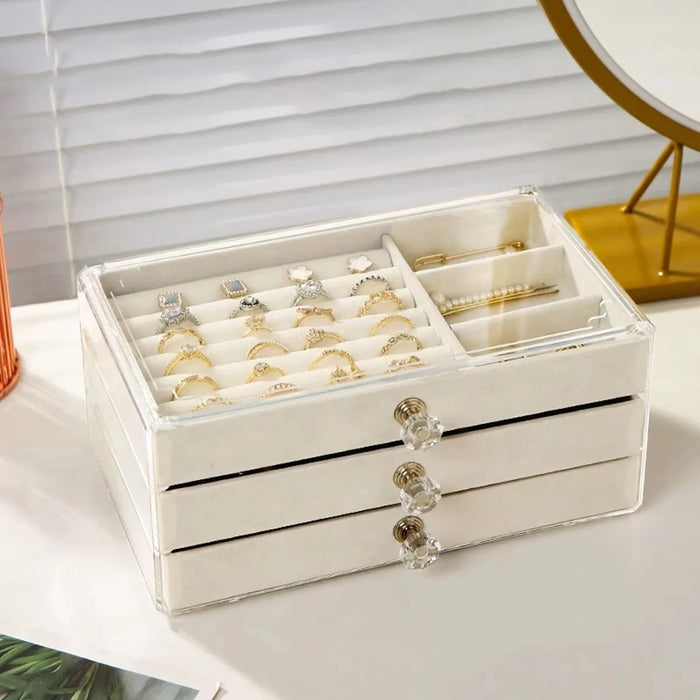 3-Layer Drawer Jewellery Box — Beige or Grey, Plastic Organiser