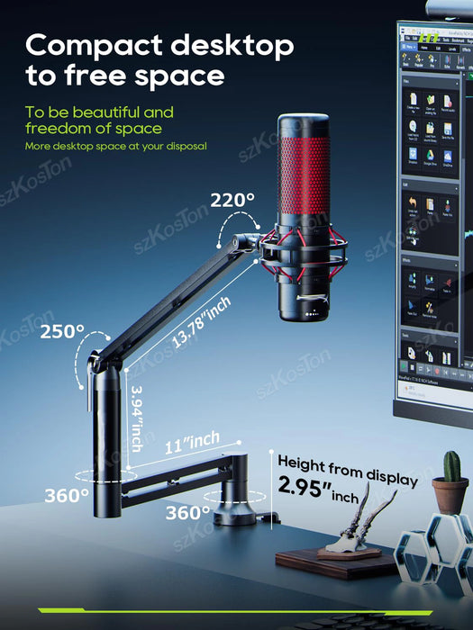 Adjustable Low‑Profile Microphone Boom Arm with Cable Management — Extended Riser (Fits AM8, K688, A8)
