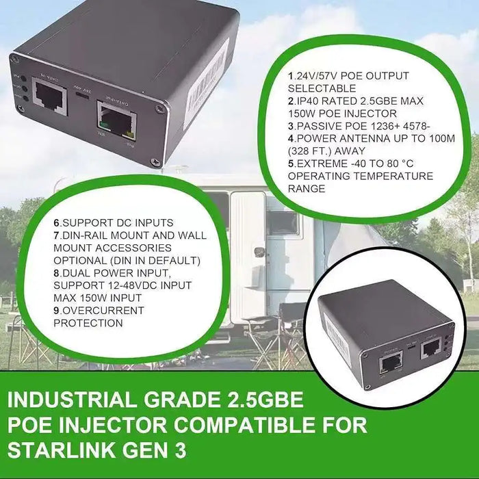 Starlink V2/V3/V4 Passive PoE Injector — Dual Power (12–51V DC / 100–240V AC)