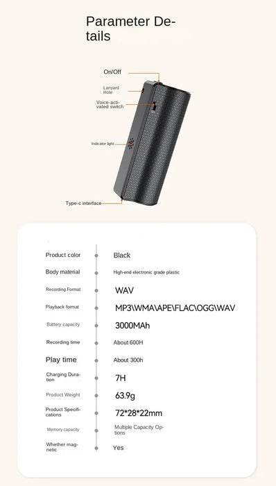 Voice‑Activated USB Voice Recorder with Magnetic Base — 4GB–128GB, Long Battery Life