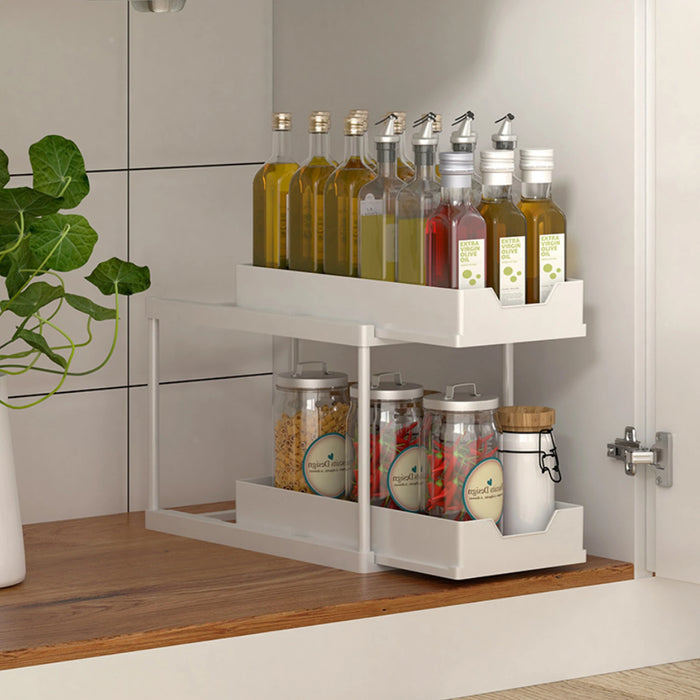 Double-Layer Pull-Out Storage Rack with 5 Hooks — PP Drawer Organiser for Kitchen & Bathroom