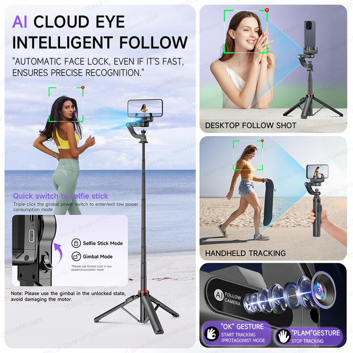 C22 AI Face-Tracking Handheld Gimbal Stabiliser — 3‑in‑1 Selfie Stick & Tripod for Smartphones