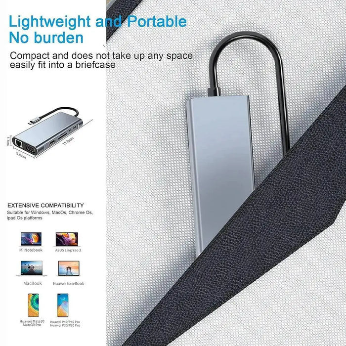 USB‑C 11‑in‑1 Docking Station — 4K HDMI, VGA, 100W PD, 100Mbps Ethernet, SD/TF & Audio for MacBook