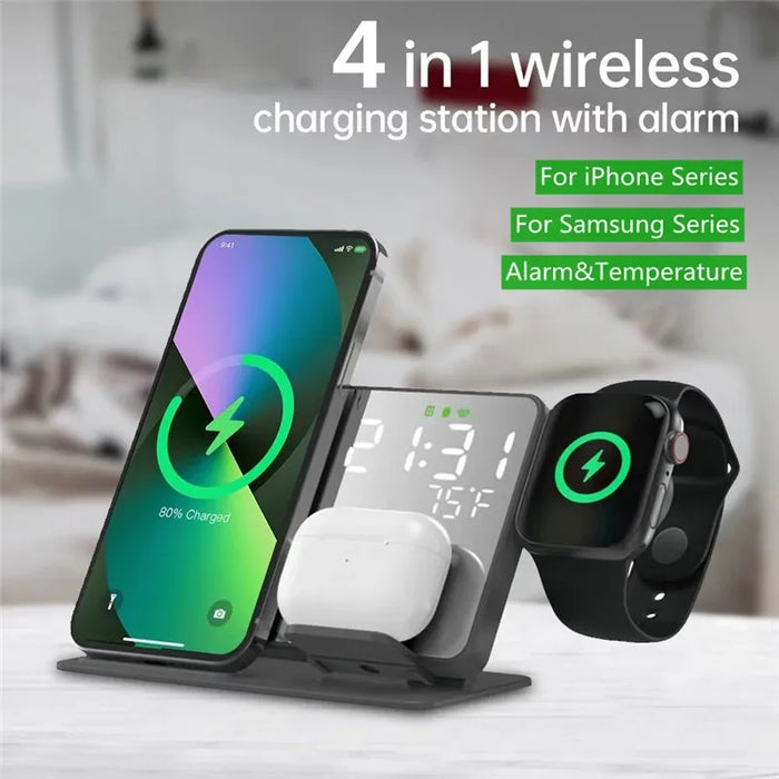 Wireless 4 in 1 Charger Stand - Fast Charging Dock Station with Alarm Clock & Temperature Display for iPhone 14/13 & Samsung S22/S21 - Ideal for Galaxy Watch Owners