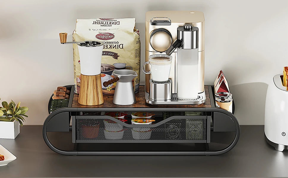 Coffee Pod Drawer Holder for K‑Cup – Metal Pull‑Out Storage with Side Baskets