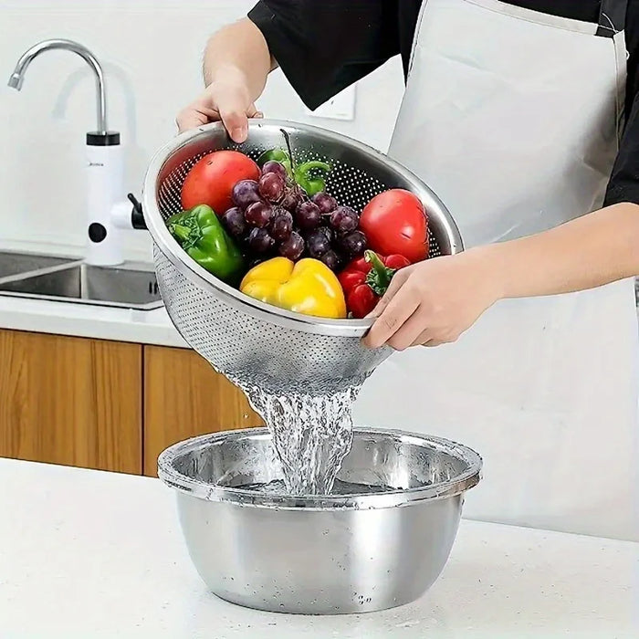 2-Piece Stainless Steel Colander & Mixing Bowl Set — Rice Washer and Strainer