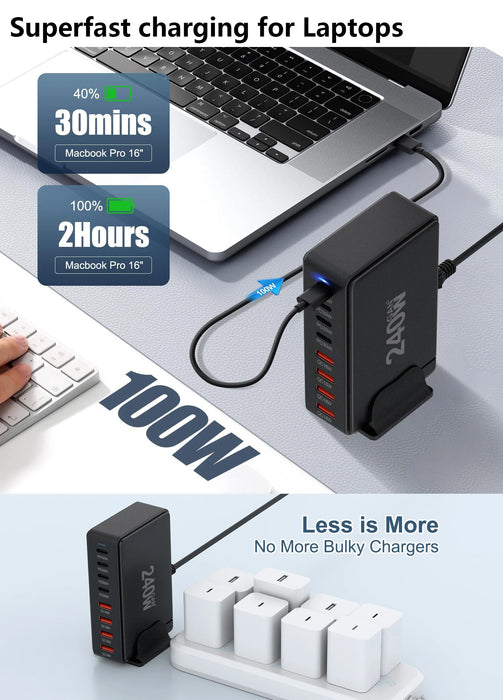 240W 6‑Port GaN PD Charger — 4 Type‑C & 2 USB‑A, Travel USB Tower for iPhone, iPad & MacBook