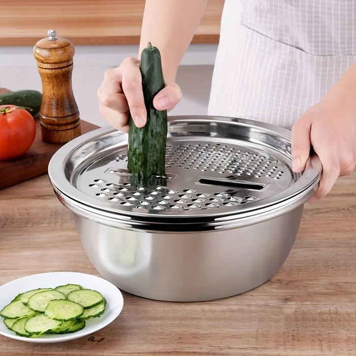 3-Piece Stainless Steel Mixing Bowl Set — Grater, Strainer & Drain for Food Prep
