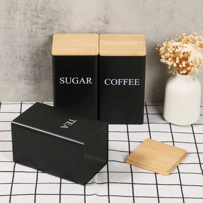 3‑Piece Coffee, Tea & Sugar Canister Set — Stainless Steel with Airtight Bamboo Lids