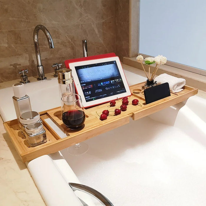 Adjustable Wooden Bath Tray — Extendable Bathtub Rack & Storage Shelf