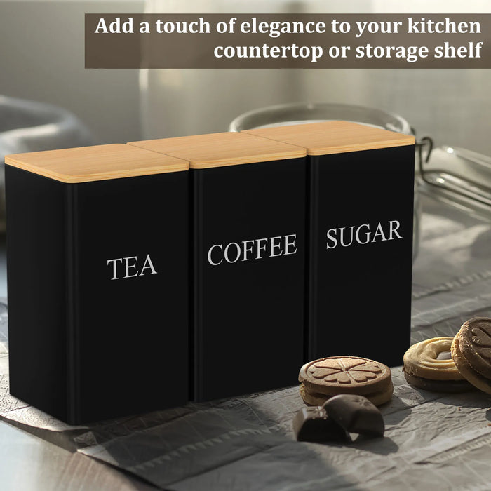 3‑Piece Coffee, Tea & Sugar Canister Set — Stainless Steel with Airtight Bamboo Lids