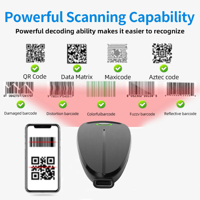 TD-W7 Mini 2D Barcode Scanner — 2.4G Wireless & Bluetooth, Portable 1D/2D QR Reader with Storage