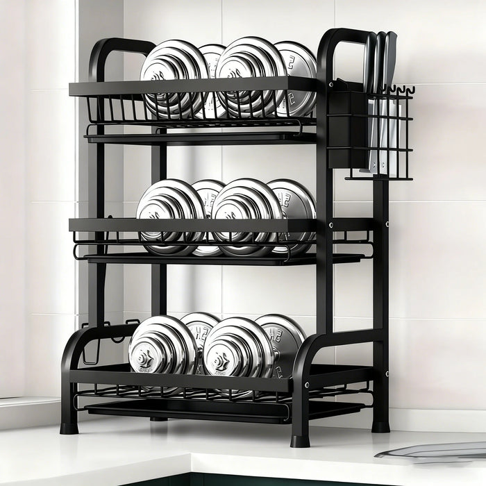 Large 2- or 3-Tier Carbon Steel Dish Rack – Auto-Draining Kitchen Organiser (Black)