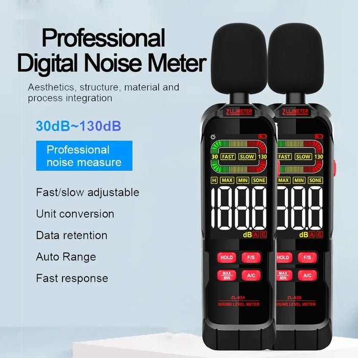 Digital Sound Level Meter 30–130 dB (A/C) — ZL82A 3×AAA or ZL82B USB Recharge