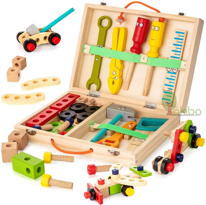 Wooden Toolbox Pretend Play Set for Kids - Montessori Wooden Toolbox - Eco-friendly, 35 Piece Set