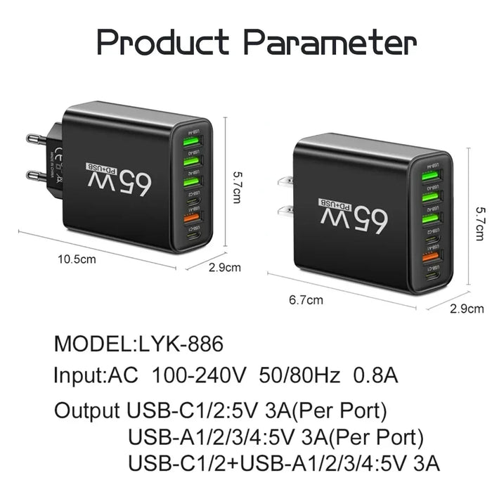 65W 6-Port USB PD Charger – 2x USB‑C PD + 4x USB Fast Wall Charger (EU/US)