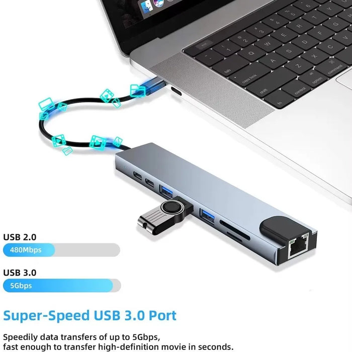 USB‑C 8‑in‑1 Hub — HDMI 4K@30Hz, 100W PD, RJ45 100Mbps, Dual SD/TF, USB 3.0
