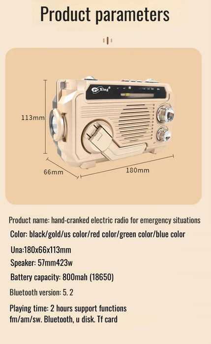 Hand-Crank Emergency Radio & Power Bank — USB, Solar, Bluetooth, DAB