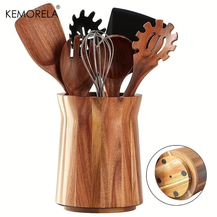 360-Degree Rotating Wooden Utensil Holder - Countertop Organiser for Spoons, Spatulas and Ladles