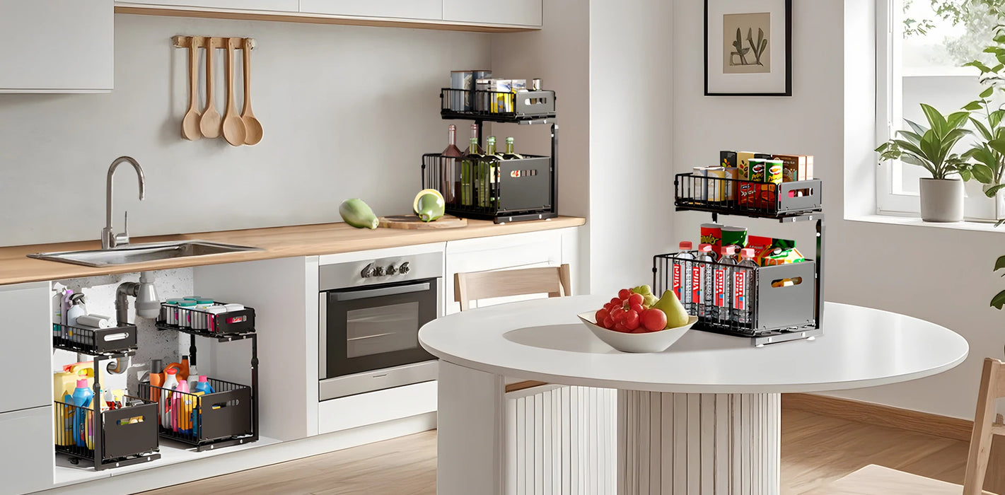 2-Tier Pull-Out Under-Sink Organiser — Adjustable Kitchen Cabinet Rack